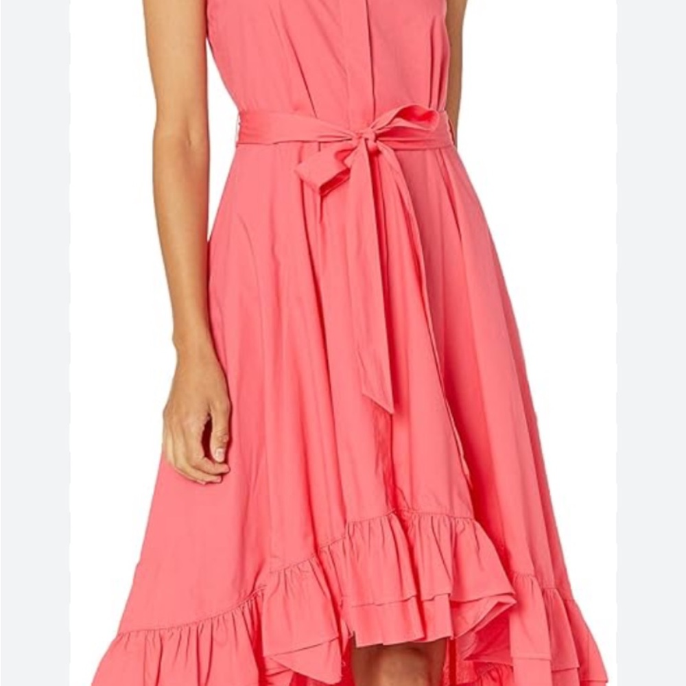 Calvin Klein 8 Dress,Sleeveless Coral Red Tie Waist Ruffled hi-low NWT $129